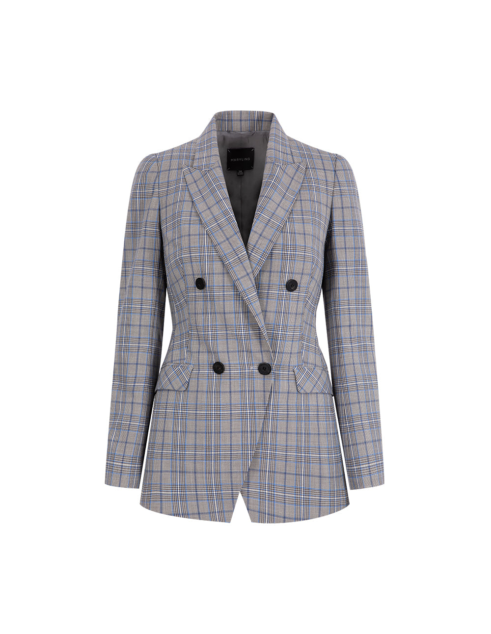 MARYLING Grey Check Gun Lapel Double Breasted Slim Blazer