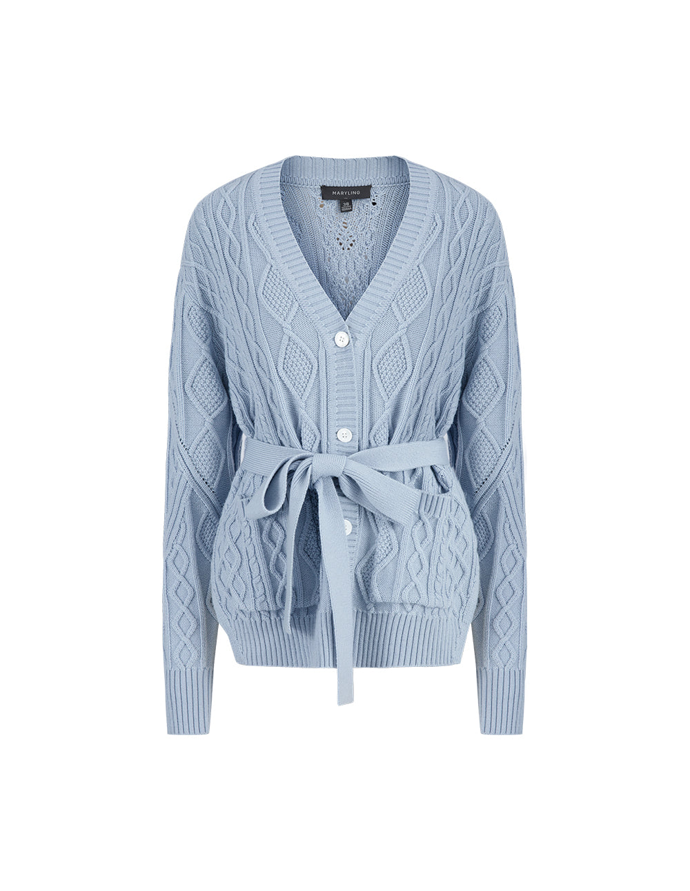 MARYLING Foggy Blue V-Neck Tied Waist Double Bag Knitted Cardigan