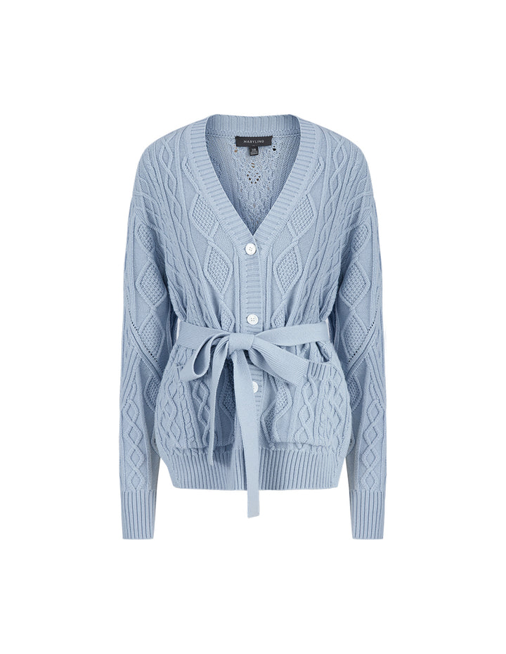 MARYLING Foggy Blue V-Neck Tied Waist Double Bag Knitted Cardigan