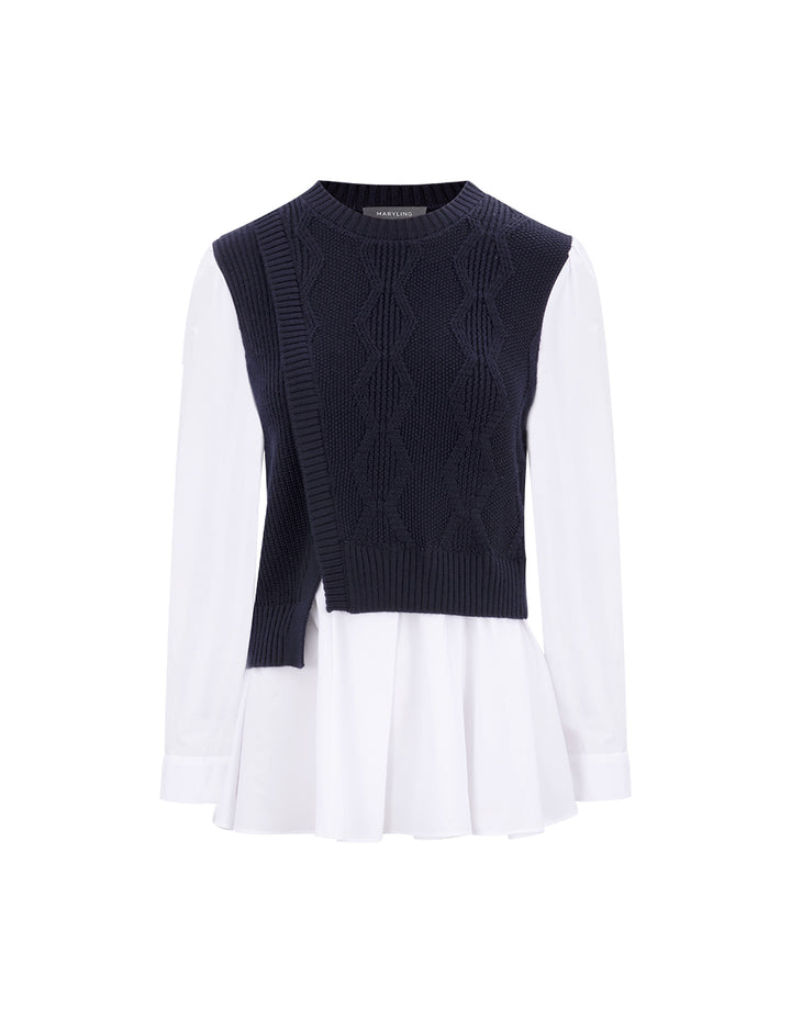 MARYLING Blue And White Asymmetric Knit Woven Sweater