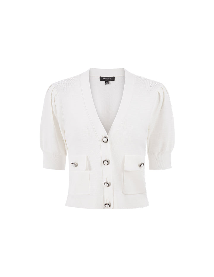 MARYLING Off-White V-Neck Pearl Button Short-Sleeved Knitted Cardigan