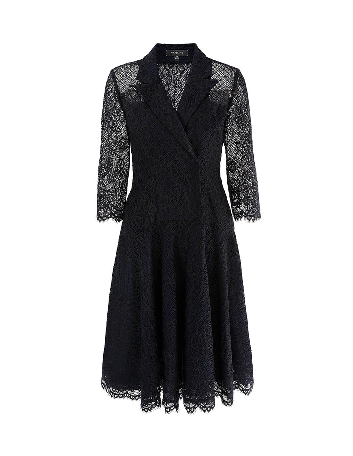 MARYLING Peak-Lapel Midi Lace Dress