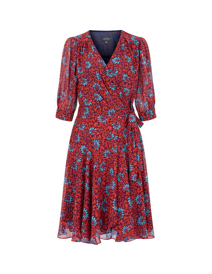 MARYLING Red Floral V-Neck Puff Sleeve Lace-Up Dress