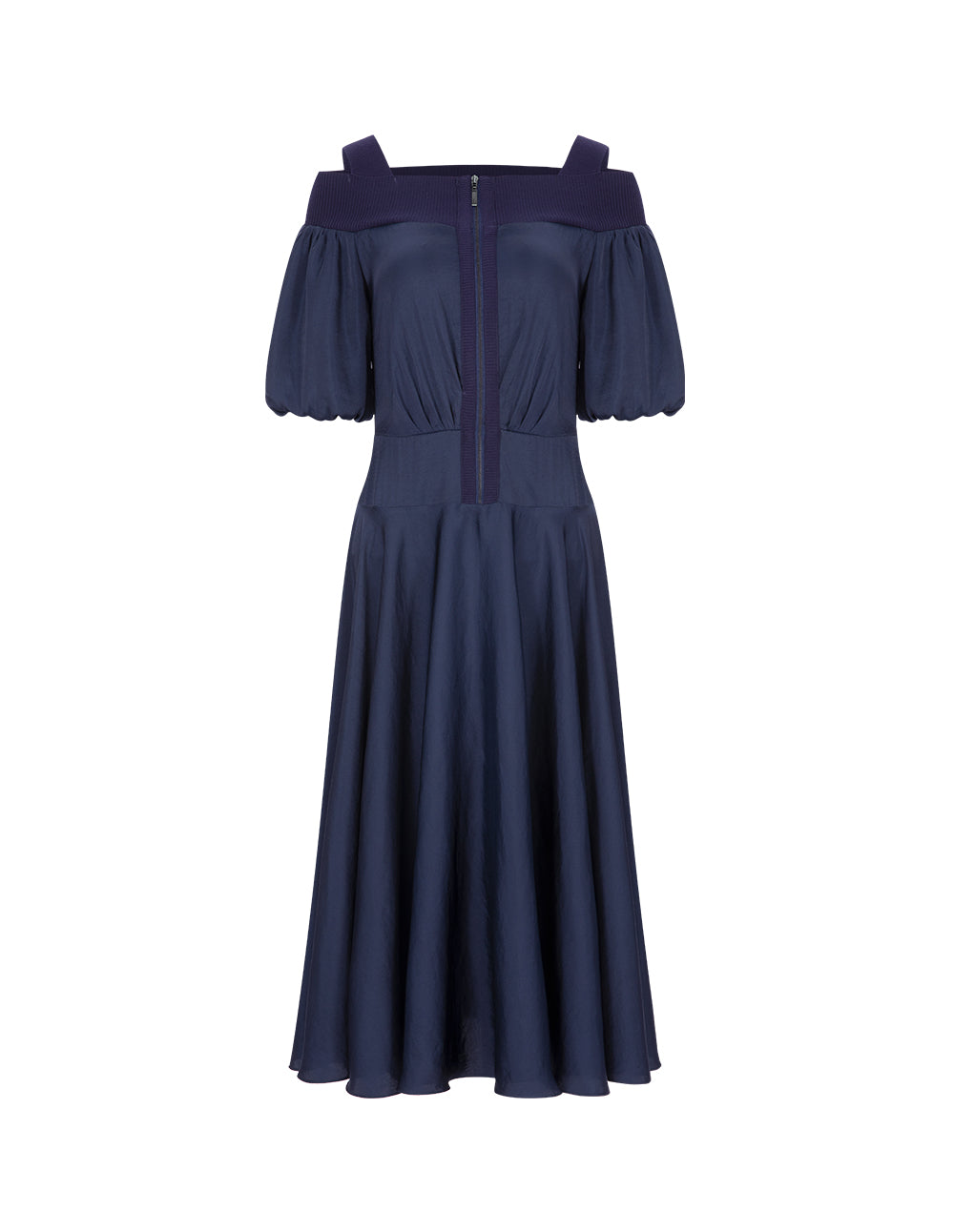 MARYLING Dark Blue Metallic Zipper Off-Shoulder Puff Sleeve Dress