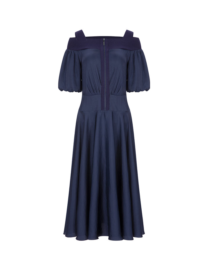 MARYLING Dark Blue Metallic Zipper Off-Shoulder Puff Sleeve Dress