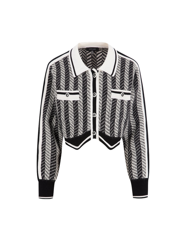 MARYLING Black Gray Small Lapel Knit Cardigan