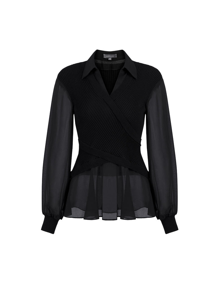 MARYLING  Classic Black Shirt Collar A Line Knitted Top
