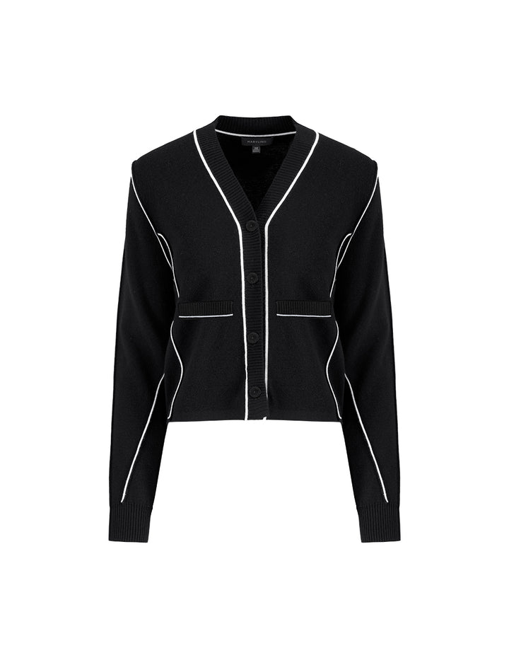 MARYLING Black Lapel Short Puff Sleeve Double-Breasted Knitted Cardigan