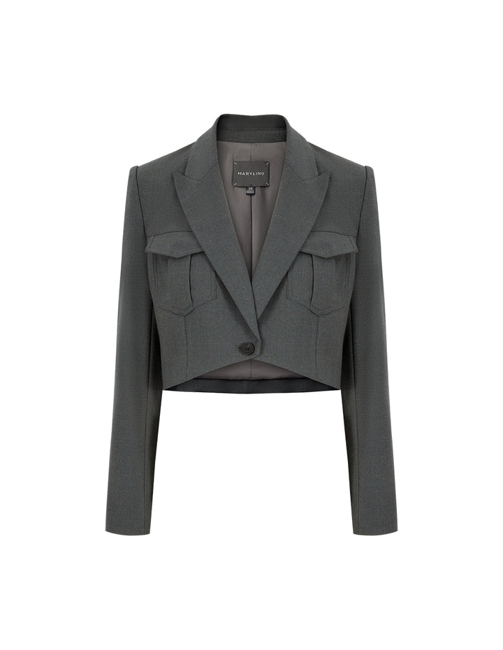 MARYLING Grey Blue Hem Curved Design Retro Blazer