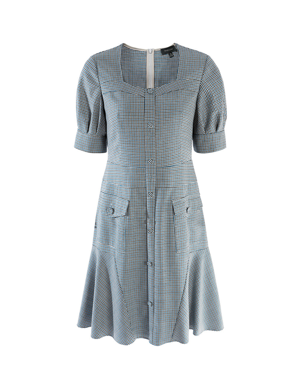 MARYLING Blue white square collar waist A swing houndstooth dress