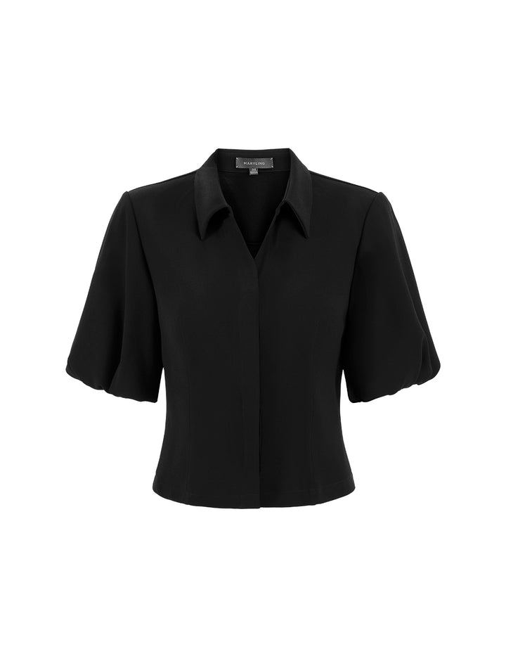 MARYLING Black Small V-Neck Puff Sleeve Short Top