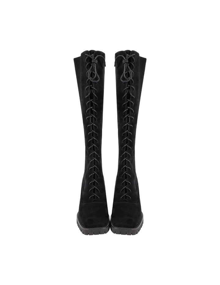 MARYLING square toe high-heeled knitted stitched sheepskin boots