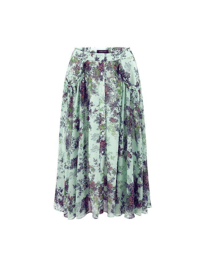 MARYLING Light Green Summer Jungle Small Floral Print Skirt With Ruffle Edge