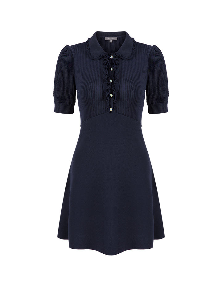 MARYLING Midnight Blue Shirt Collar Knitted Dress