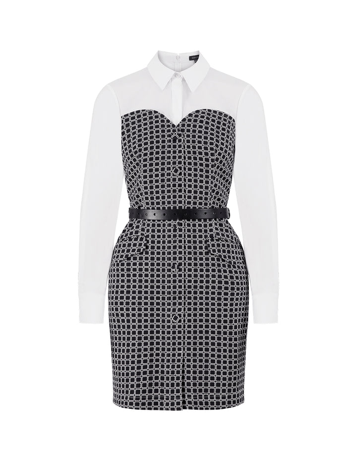MARYLING Black And White Plaid Fake Two-Piece Spliced Contrast Colour Shirt Dress