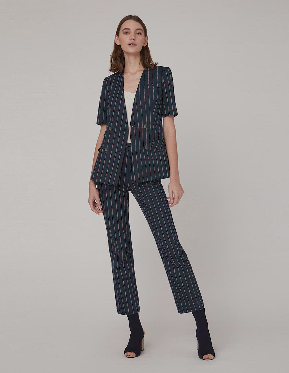 MARYLING Blue Striped Double Breasted Short Sleeve Jacket