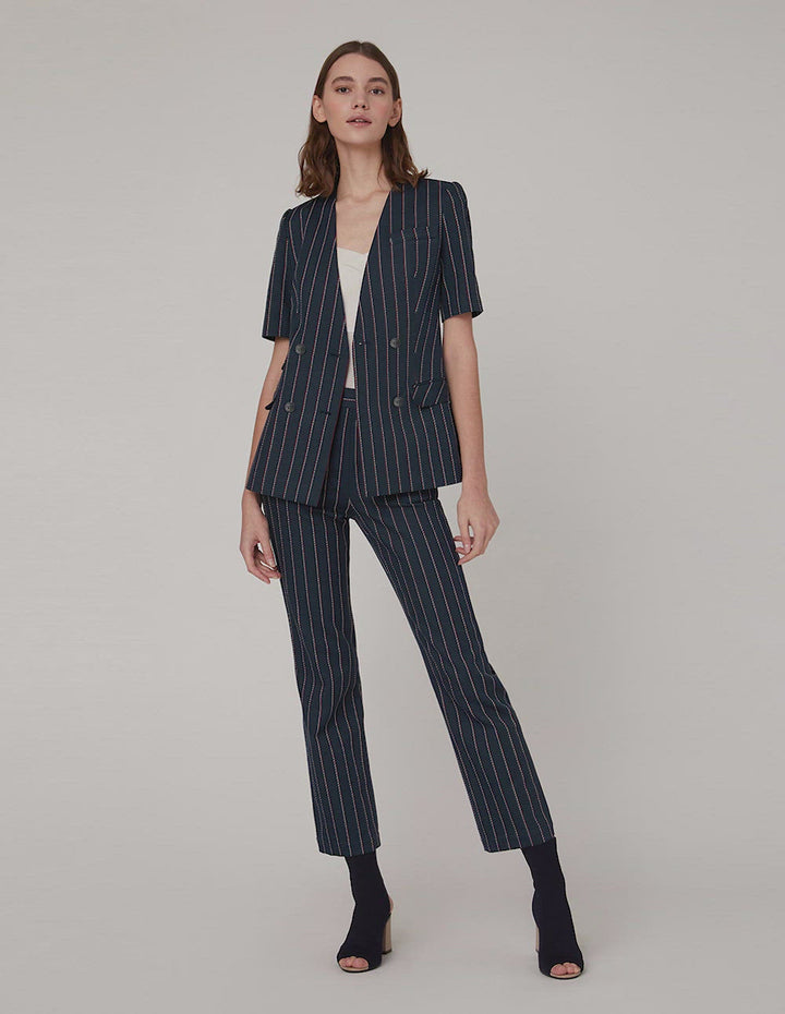 MARYLING Blue Striped Double Breasted Short Sleeve Jacket