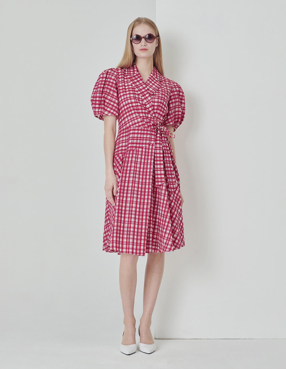 MARYLING Rose pink plaid suit collar puff sleeves plaid dress