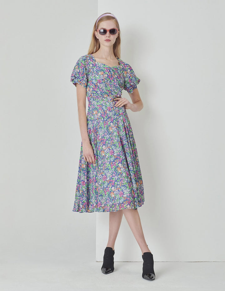 MARYLING Colourful Underwater Garden Square V-Neck Pinched Print Dress