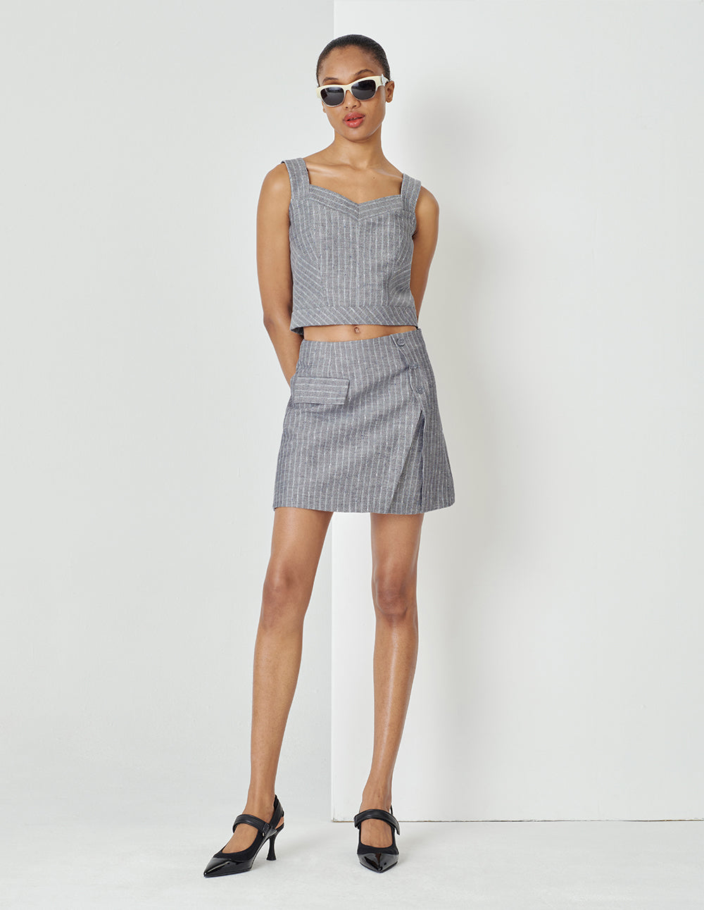 MARYLING Grey Striped With Single Side Pocket Mini Skirt