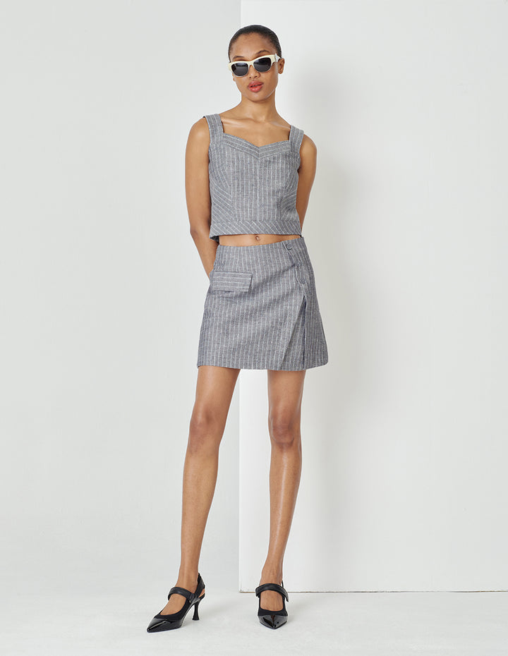 MARYLING Grey Striped With Single Side Pocket Mini Skirt
