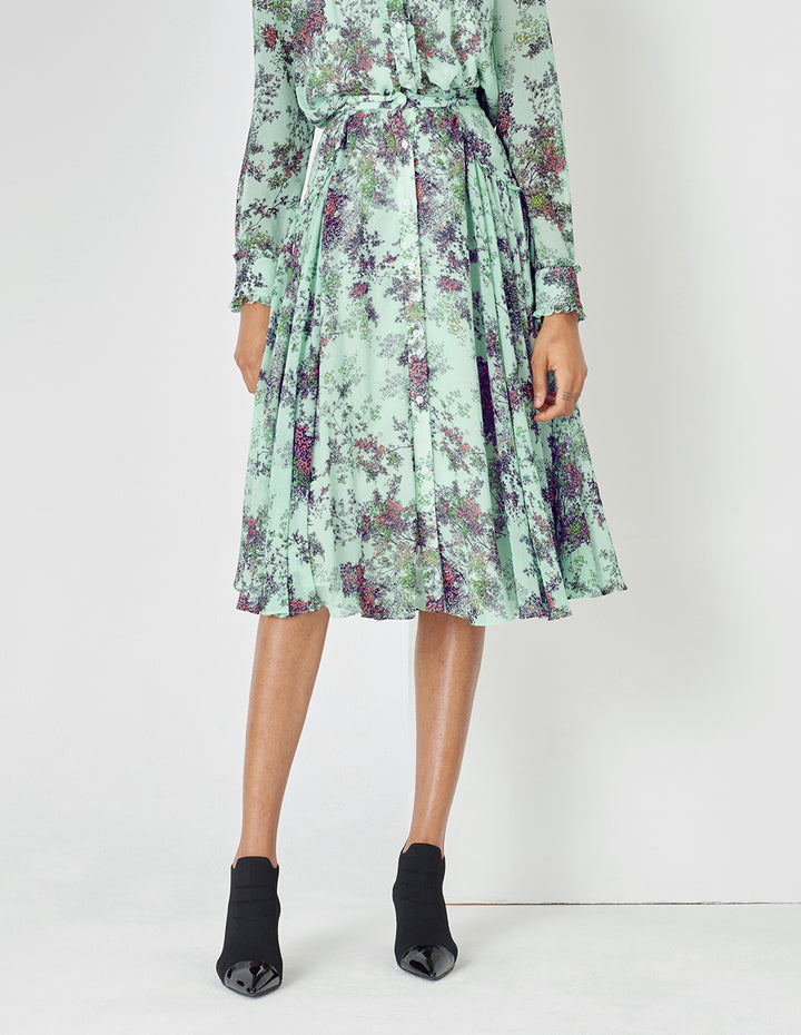 MARYLING Light Green Summer Jungle Small Floral Print Skirt With Ruffle Edge
