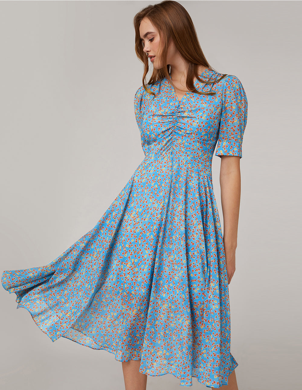 Blue floral pattern V neck ruffle pleated puff sleeves dress – MARYLING