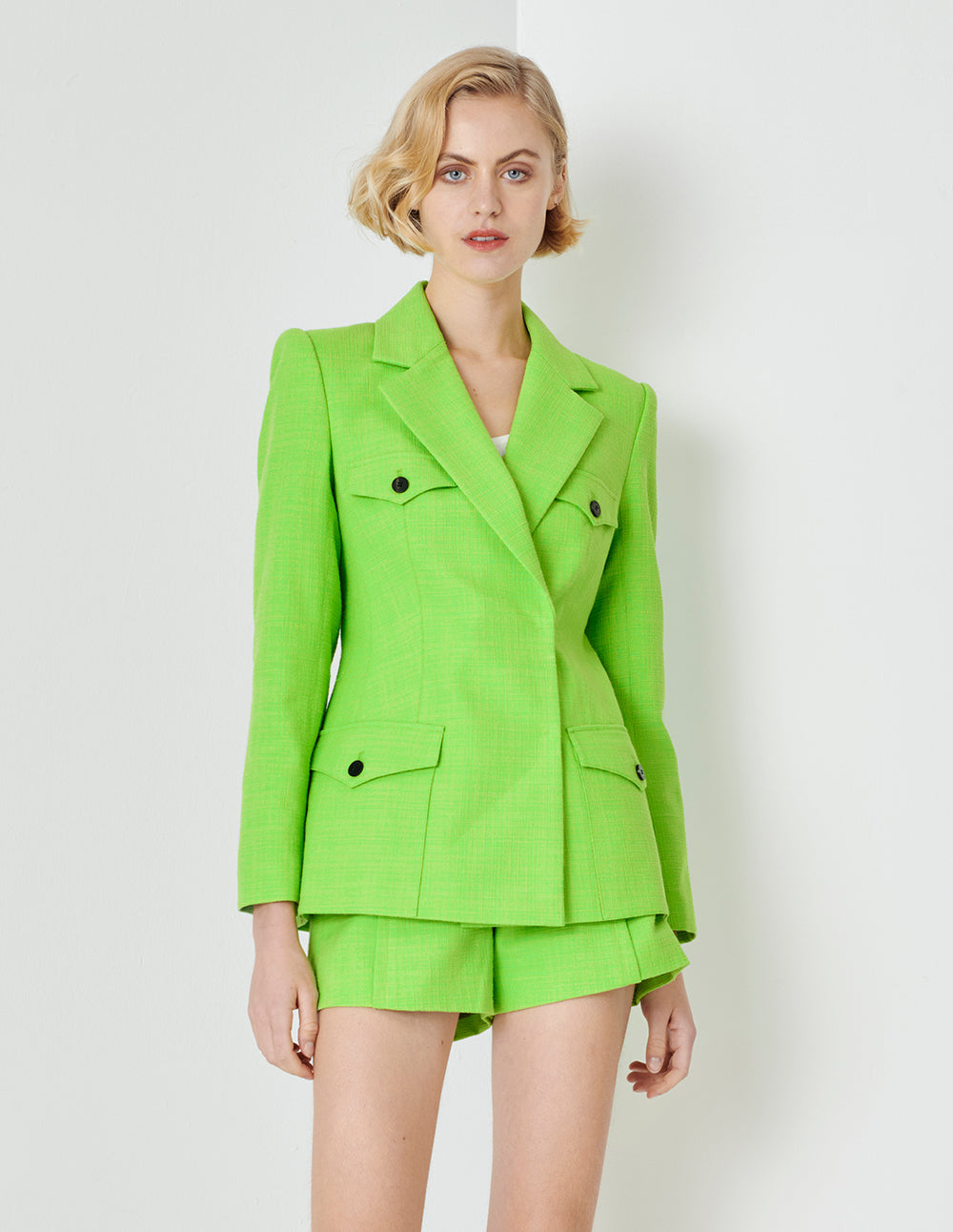 MARYLING Grass Green Lapel Colour Contrast Button Blazer