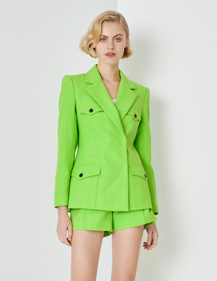 MARYLING Grass Green Lapel Colour Contrast Button Blazer
