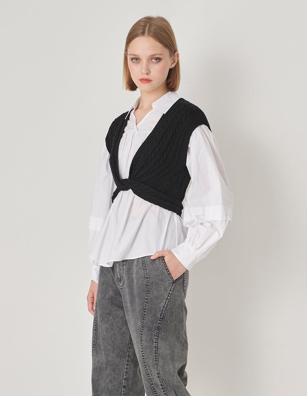 Maryling Black V-Neck Knot Waist Vest