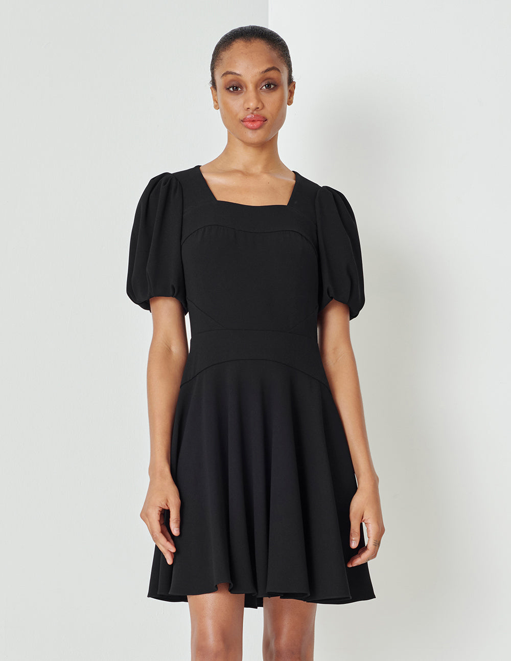 MARYLING Black Generous Collar Puff Sleeve Little Black Dress