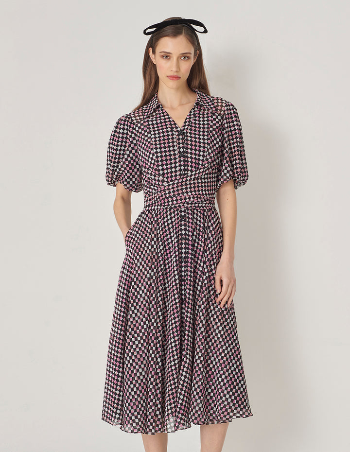 MARYLING Red Berry Plaid Shirt Collar Cross Tie Puff Sleeve Dress