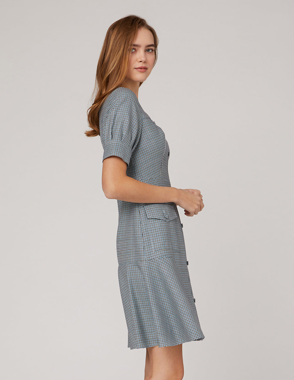 MARYLING Blue white square collar waist A swing houndstooth dress