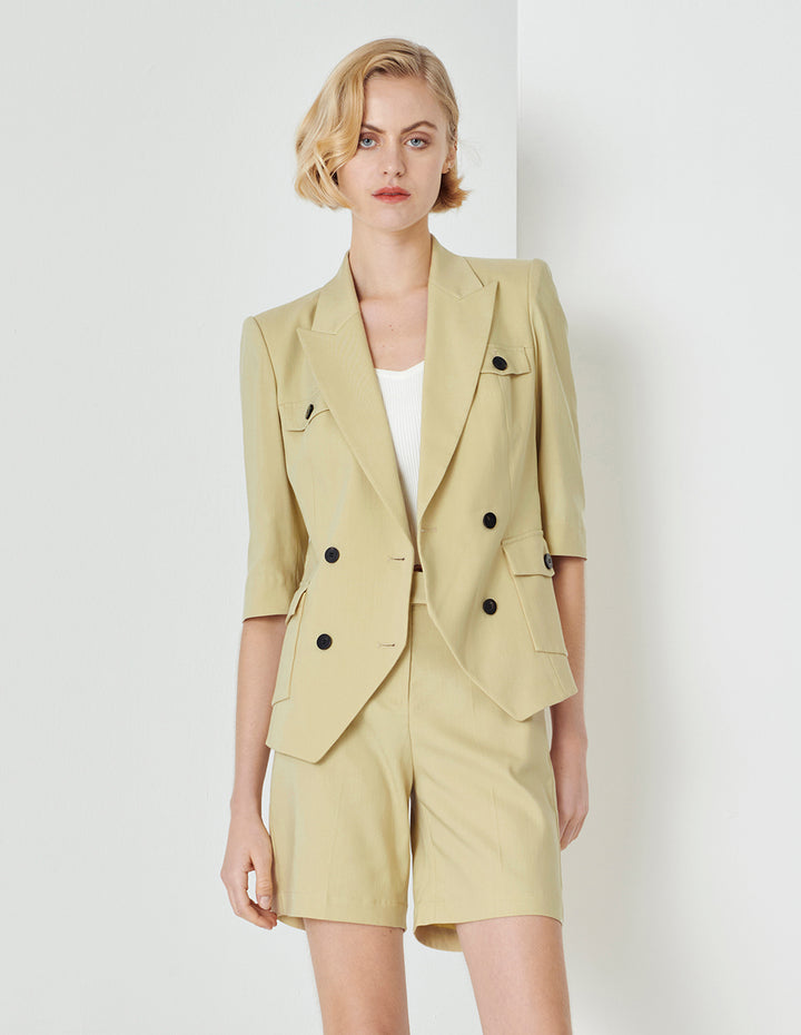 MARYLING Sand Mid-Rise Diagonal Pocket Shorts