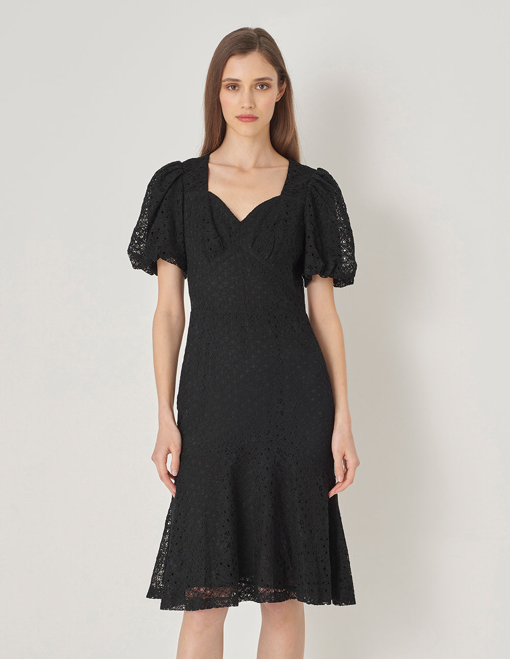 MARYLING Black Puff Sleeve Fishtail Lace Dress