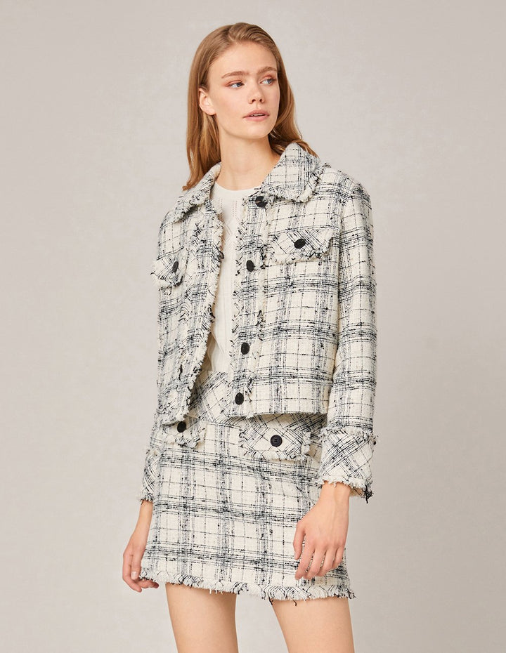 MARYLING PLAID TWEED FRINGE HEM MINI SKIRT