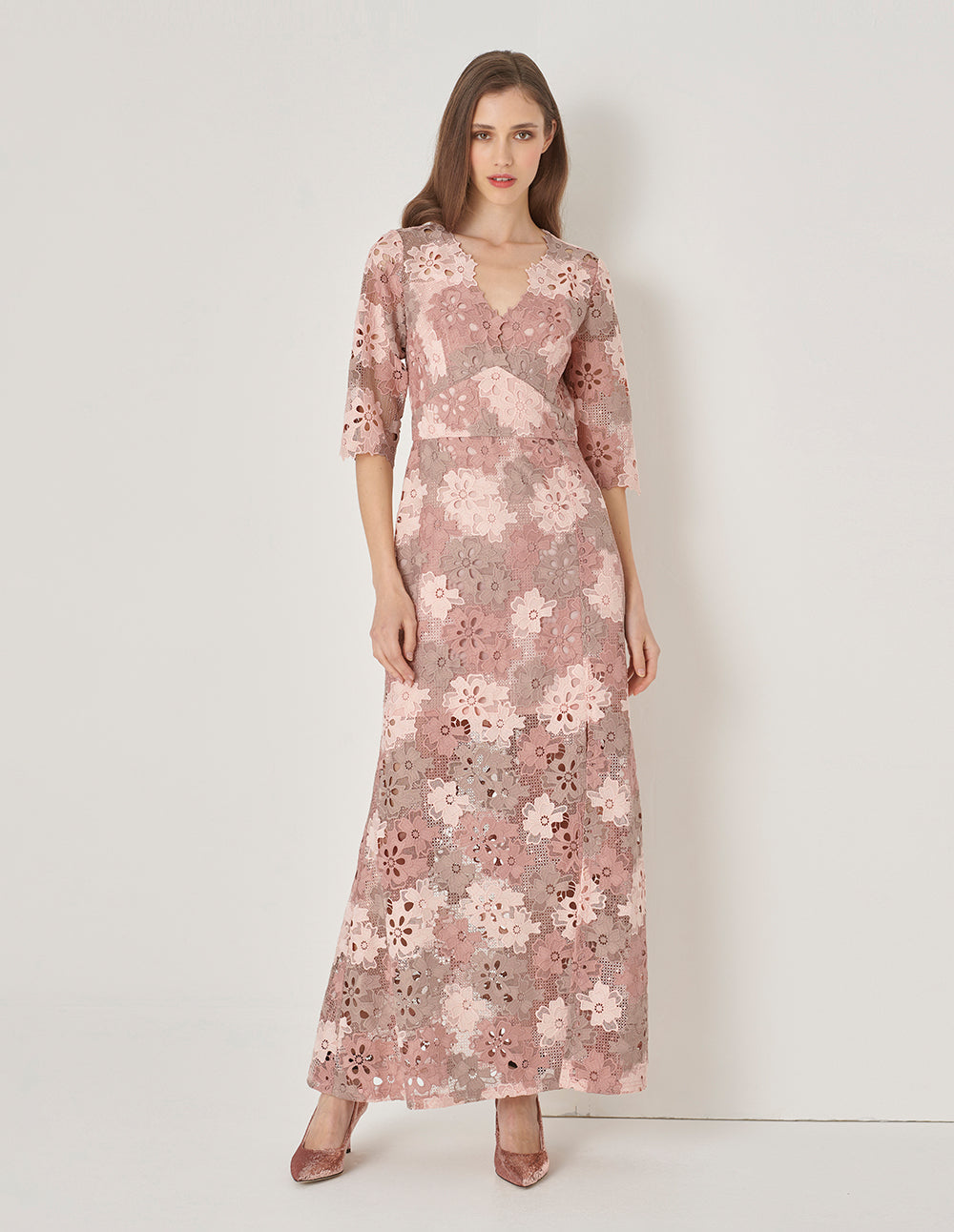 MARYLING Pink V-Neck Fishtail Slit Lace Dress