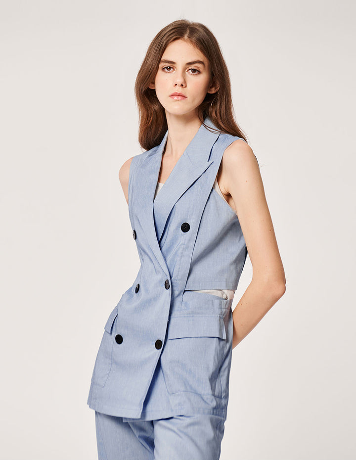 MARYLING SKY BLUE LINEN BLENDED SLEEVELESS JACKET