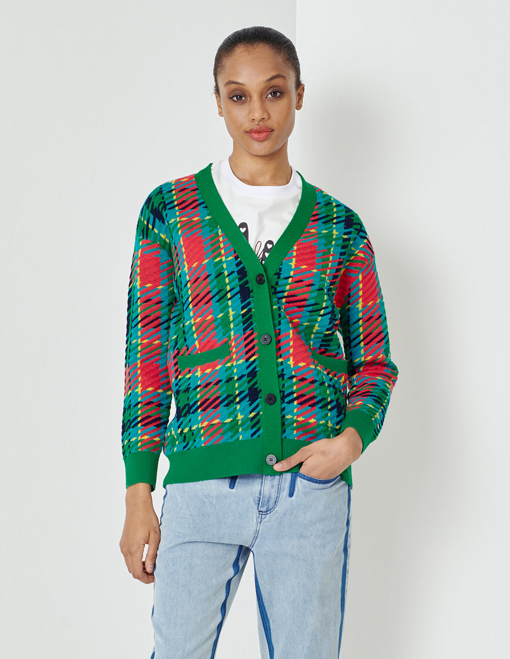 MARYLING Colourful Plaid V-Neck Knitted Cardigan