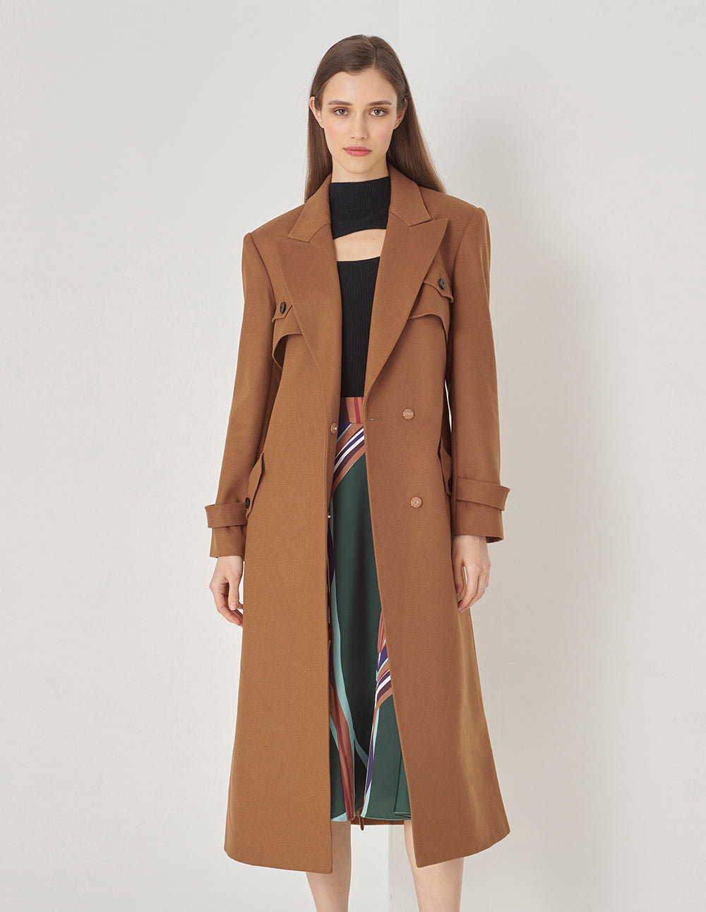 MARYLING Caramel Suit Collar Trench Coat Long Coat