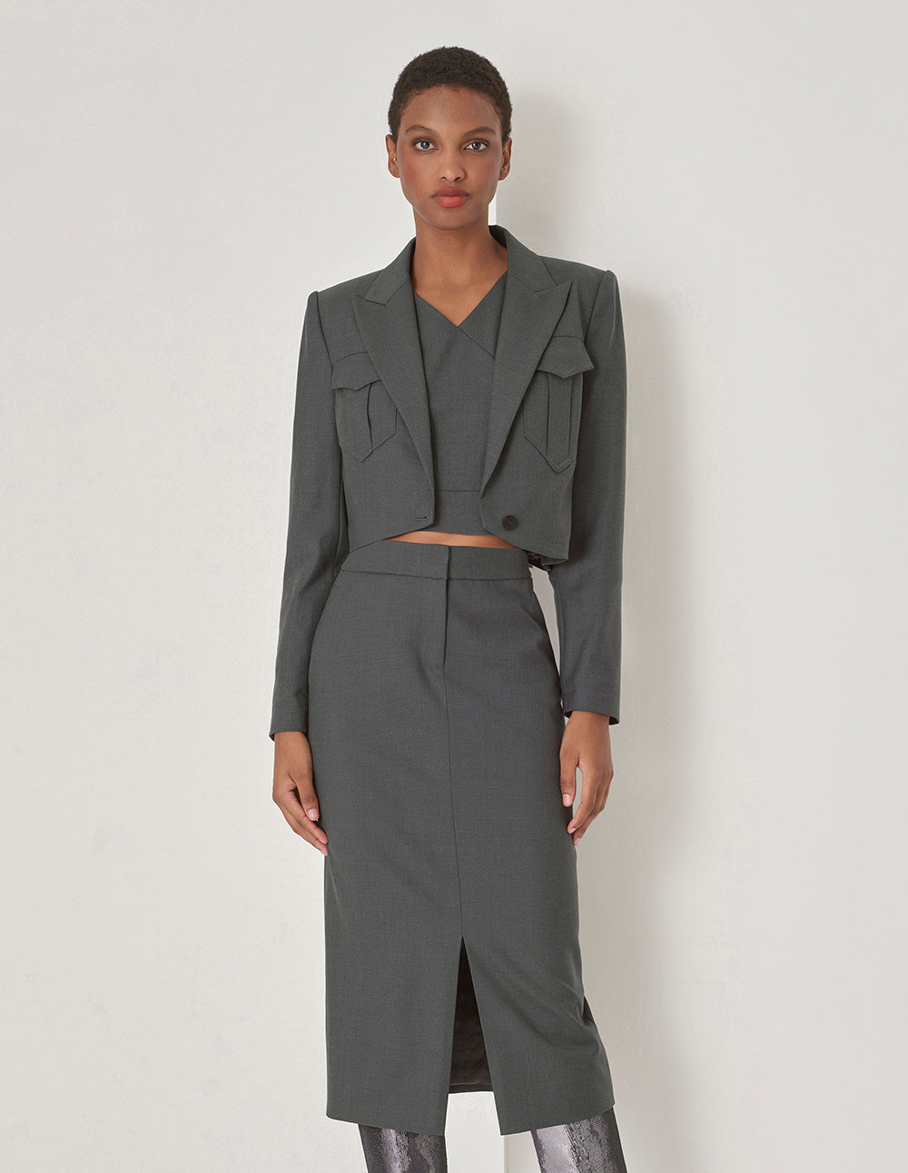 MARYLING Grey Blue Hem Curved Design Retro Blazer