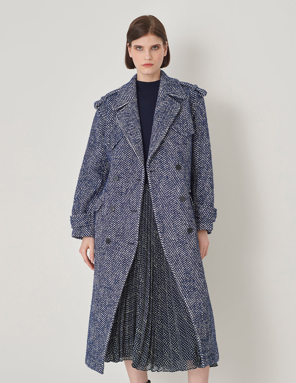 MARYLING Blue And White Patterned Lapel Double-Breasted Coat