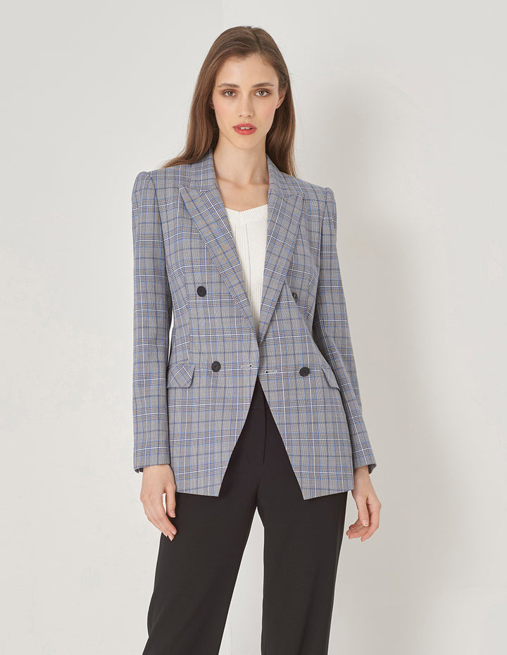 MARYLING Grey Check Gun Lapel Double Breasted Slim Blazer