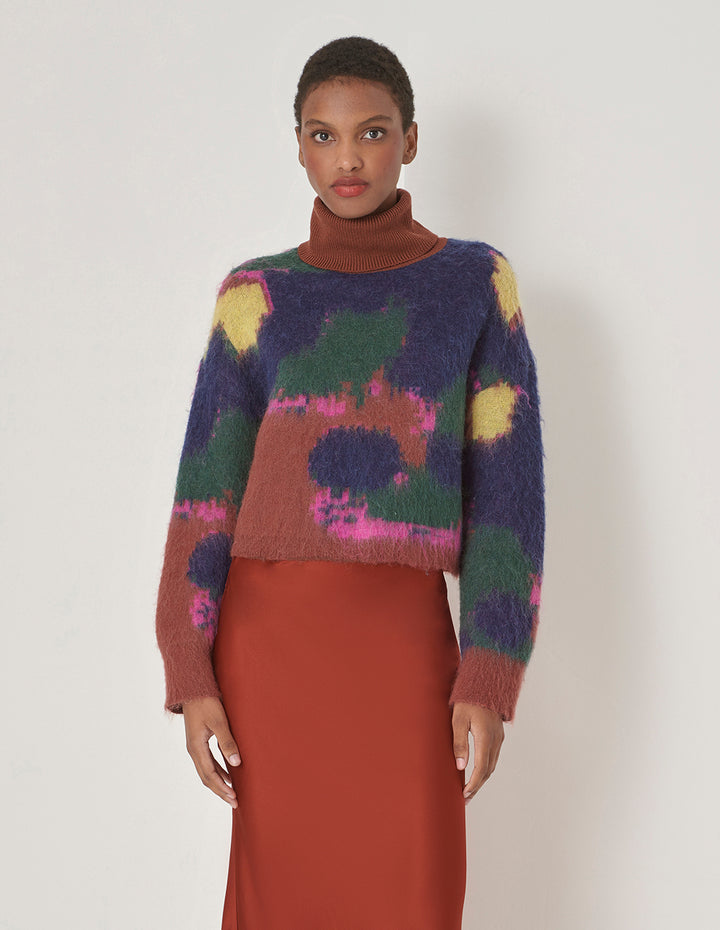 MARYLING Blue Graffiti Mixed Color Knitted Sweater