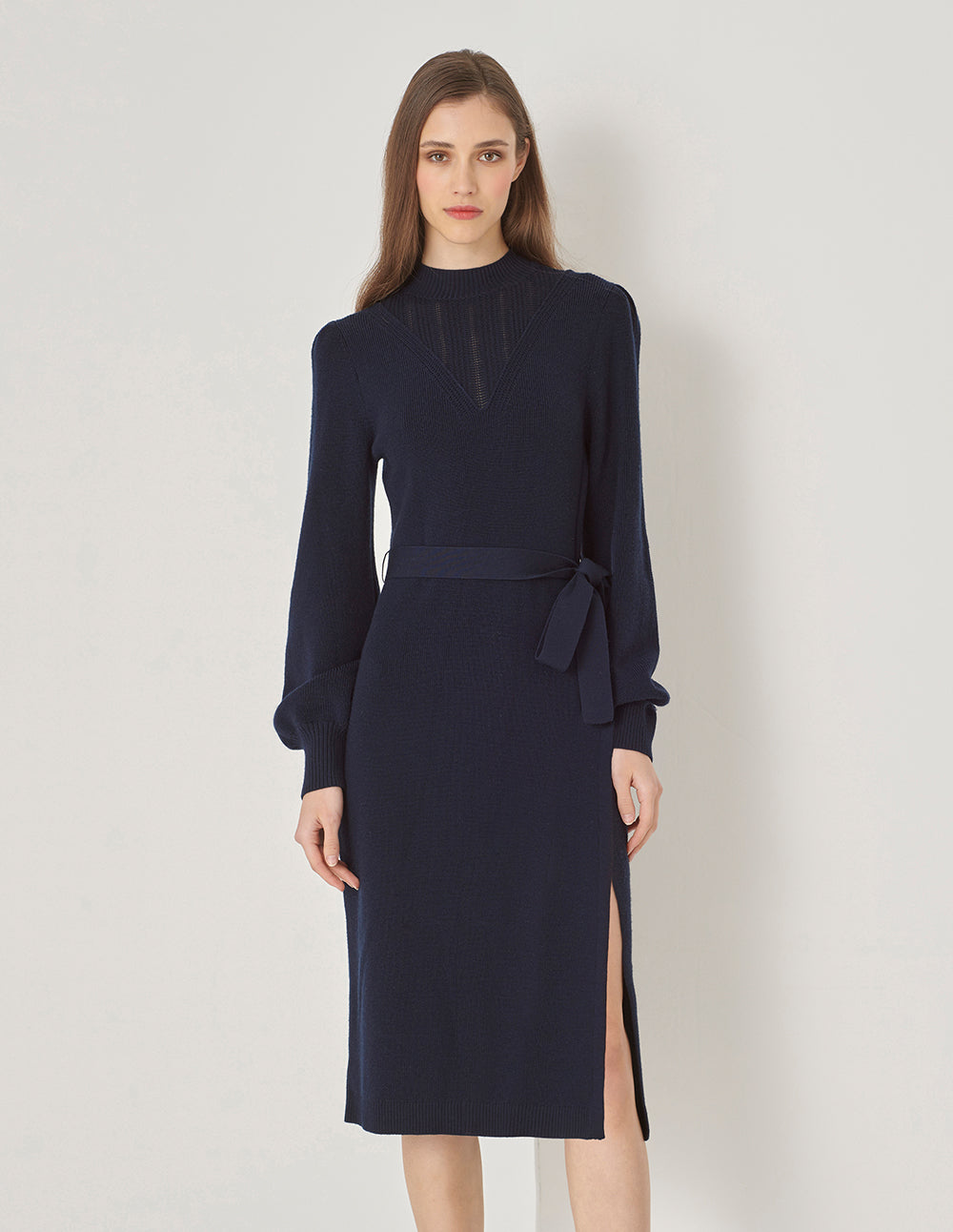 MARYLING Side Slit Waisted Woolen Dress
