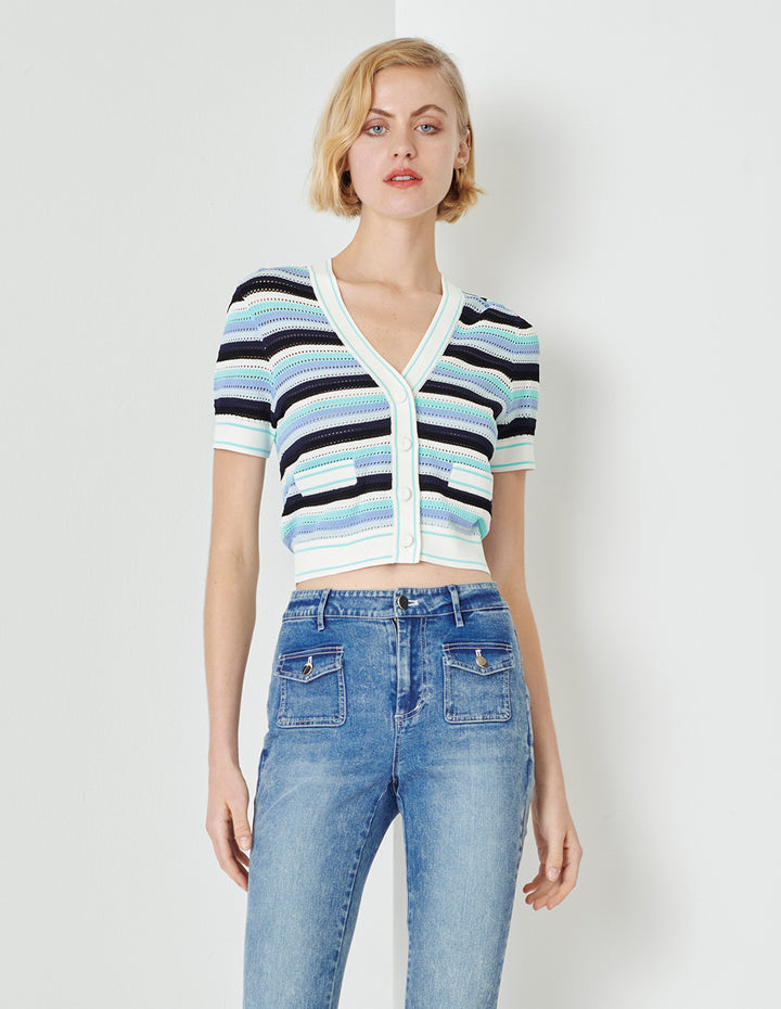 MARYLING Blue-Green V-Neck Knitted Cardigan