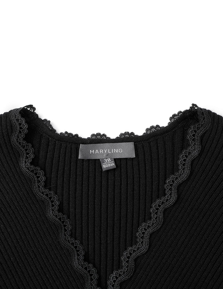 MARYLING Crossover V-Neck Paneled Lace-Trimmed Knitted Pullover