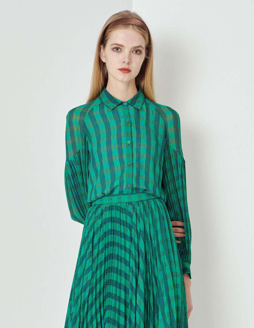 MARYLING Blue/Green Checked Print Blouse
