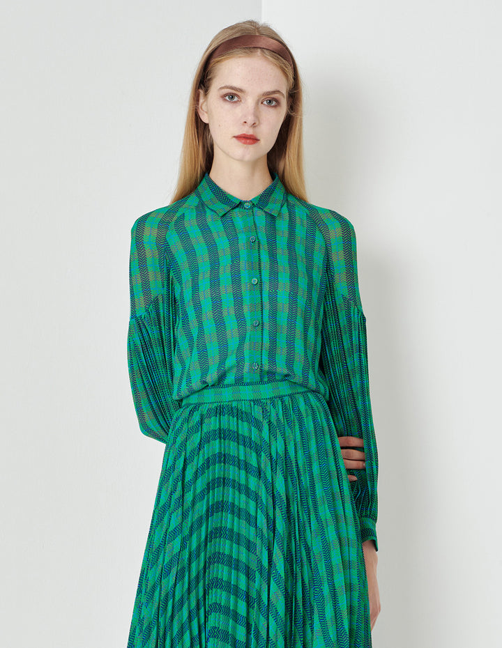 MARYLING Blue/Green Checked Print Blouse