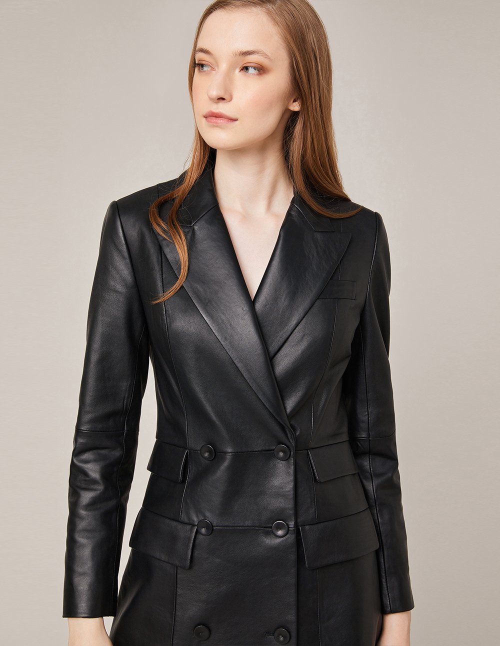 MARYLING Peak-Lapel Double-Breasted Leather Blazer